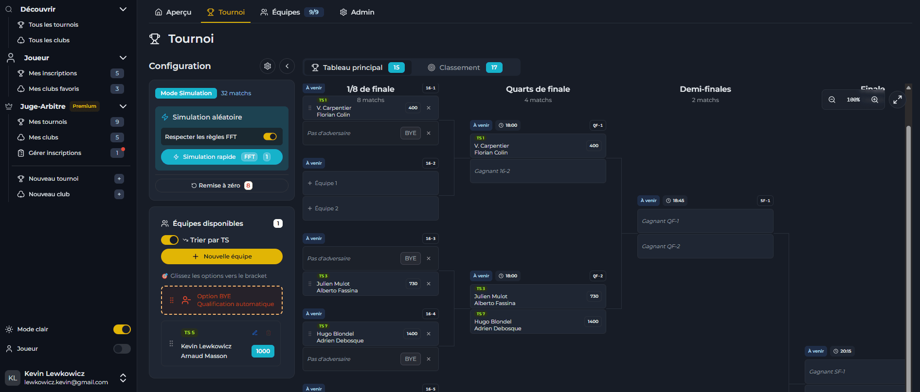 Simulation d'un tableau de tournoi dans Rematio